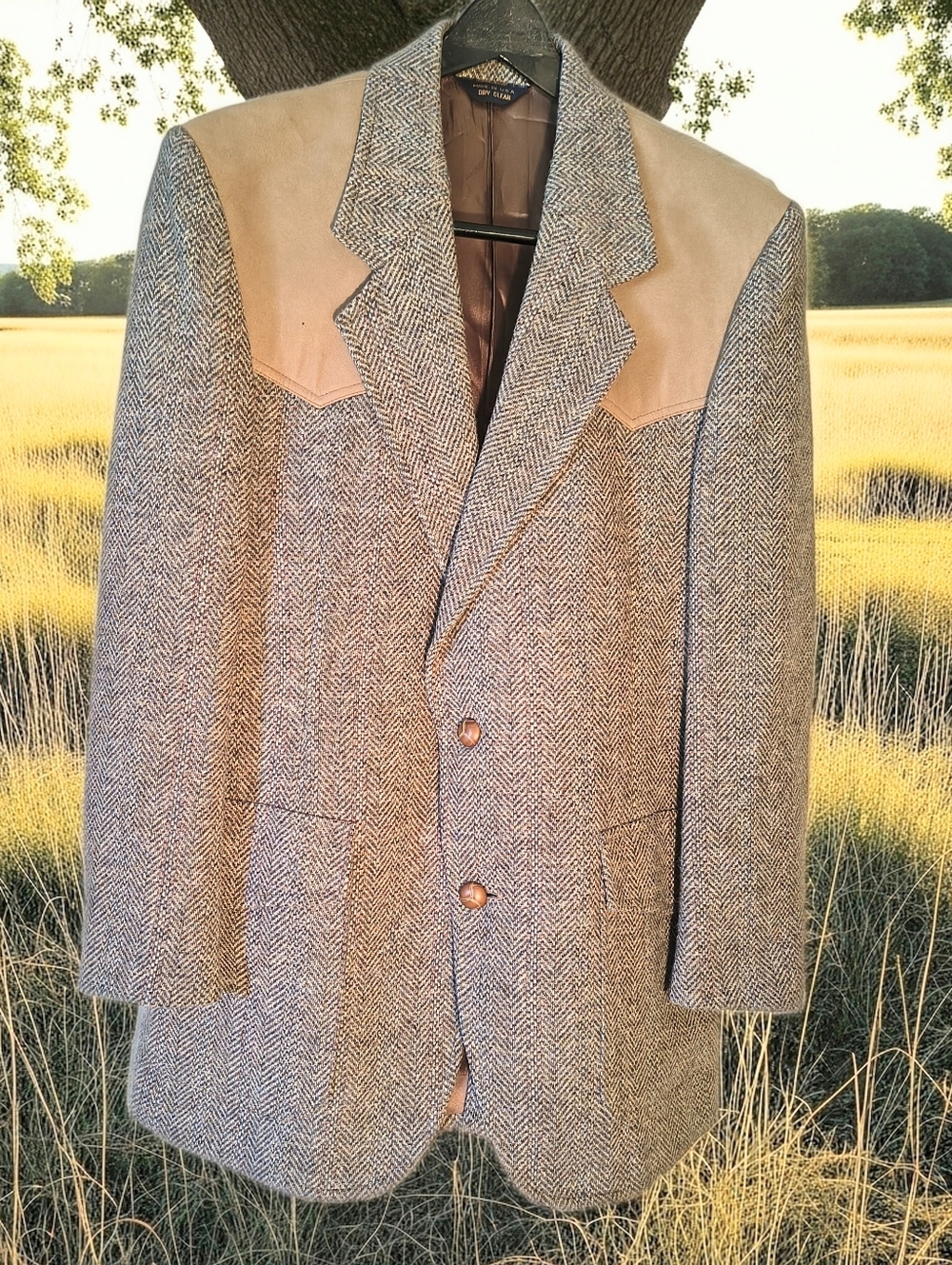 Mens Pendleton Western Herringbone Wool Blazer with Tan Suede Yoke 40, Superb